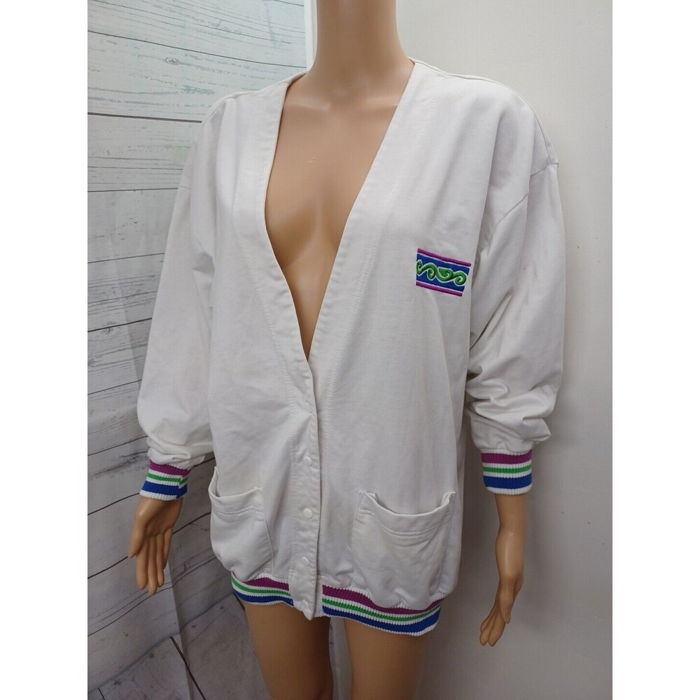 Vtg Jantzen Cardigan Sweater White Blue Purple V Neck Art Wear Sz L - Picture 1 of 10